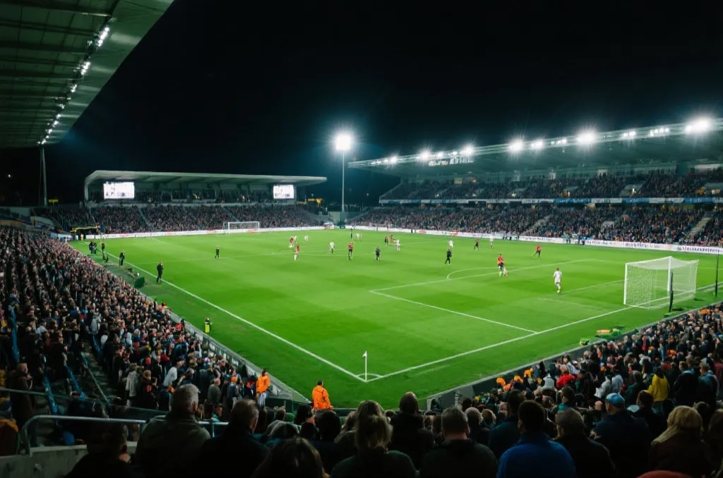 A modern packed football stadium at night under bright floodlights with generic players in action
